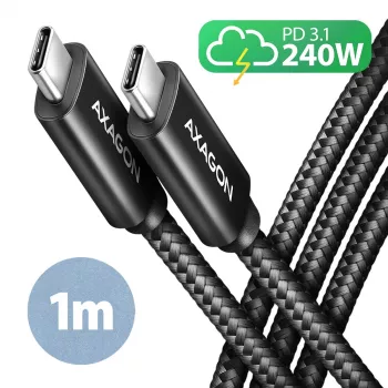 Axagon BUCM2-CM10AB Kabel USB 480Mbps do danych i ładowania 1 m. PD 240W, 5A. Czarny pleciony