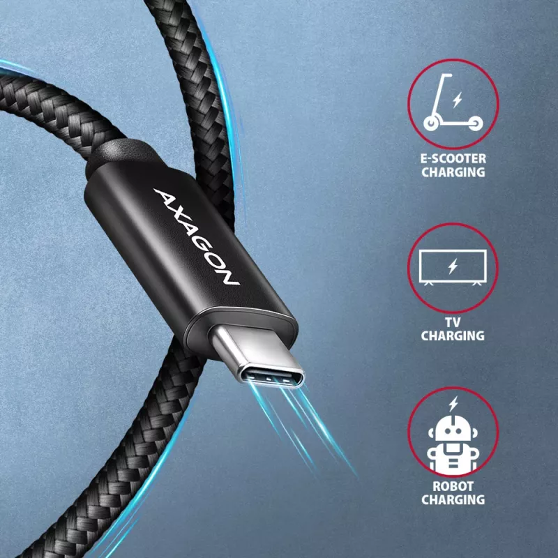 Axagon BUCM2-CM10AB Kabel USB 480Mbps do danych i ładowania 1 m. PD 240W, 5A. Czarny pleciony