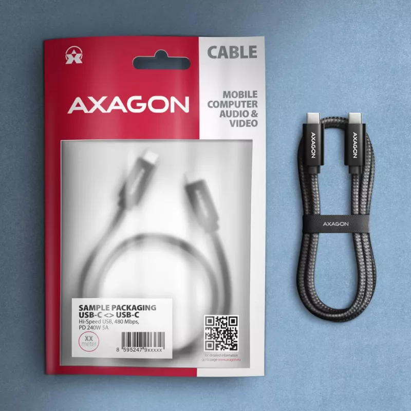 Axagon BUCM2-CM10AB Kabel USB 480Mbps do danych i ładowania 1 m. PD 240W, 5A. Czarny pleciony
