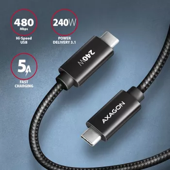 Axagon BUCM2-CM20AB Kabel do danych i ładowania USB 480Mbps 2 m. PD 240W, 5A. Czarny, pleciony