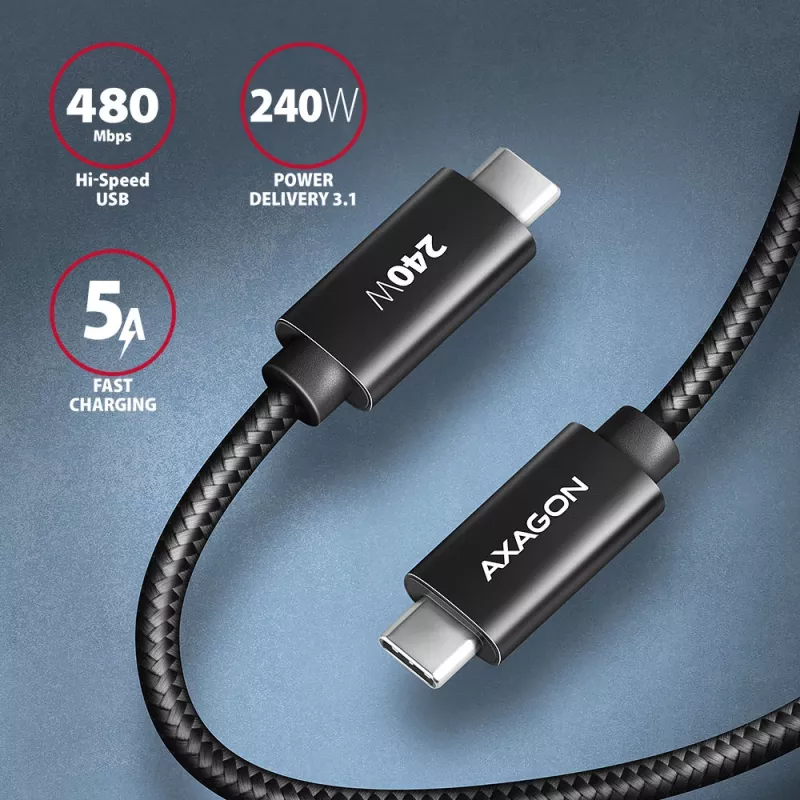 Axagon BUCM2-CM20AB Kabel do danych i ładowania USB 480Mbps 2 m. PD 240W, 5A. Czarny, pleciony