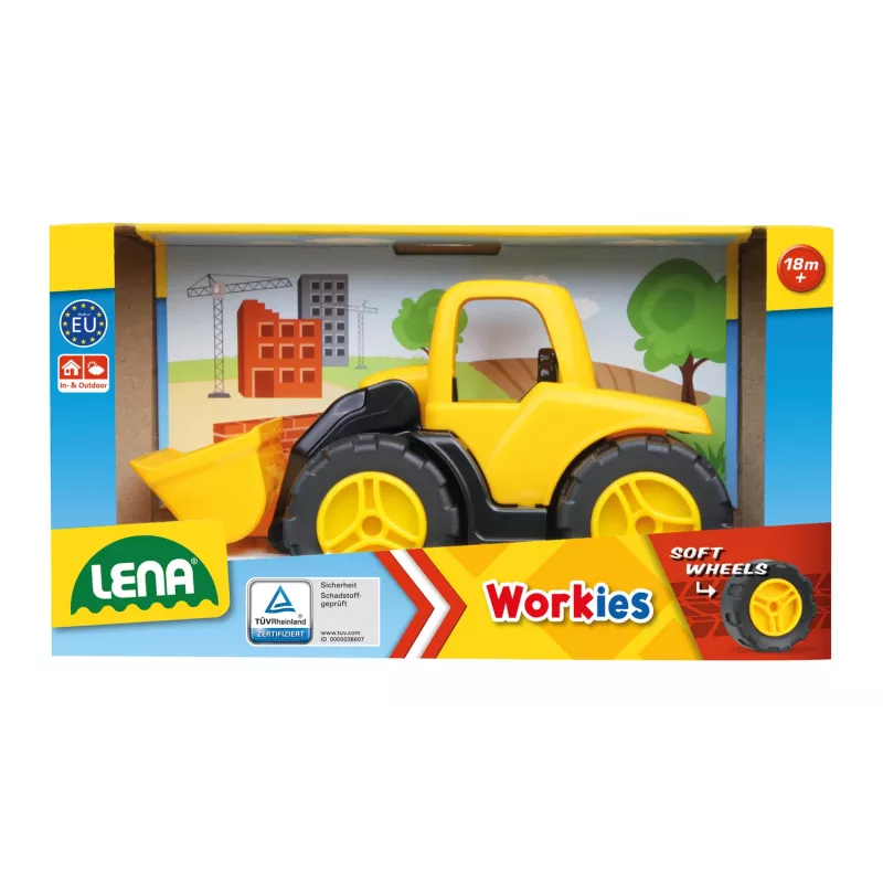 Pojemnik zabawka koparka Lena Workies 01262 z tworzywa sztucznego, pojazd budowlany do piasku i zabawy