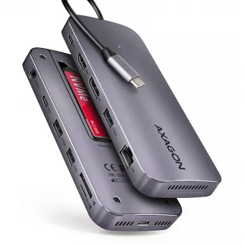 Axagon HMC-12GM2, koncentrator USB 10 Gb/s, 3x USB-A, USB-C, HDMI, DP, RJ-45, M.2, SD/mSD, audio, PD