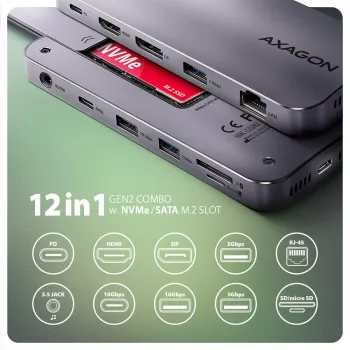 Axagon HMC-12GM2, koncentrator USB 10 Gb/s, 3x USB-A, USB-C, HDMI, DP, RJ-45, M.2, SD/mSD, audio, PD