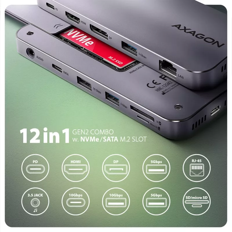 Axagon HMC-12GM2, koncentrator USB 10 Gb/s, 3x USB-A, USB-C, HDMI, DP, RJ-45, M.2, SD/mSD, audio, PD