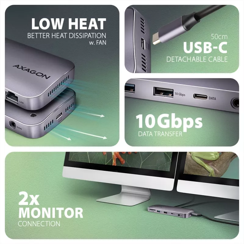 Axagon HMC-12GM2, koncentrator USB 10 Gb/s, 3x USB-A, USB-C, HDMI, DP, RJ-45, M.2, SD/mSD, audio, PD