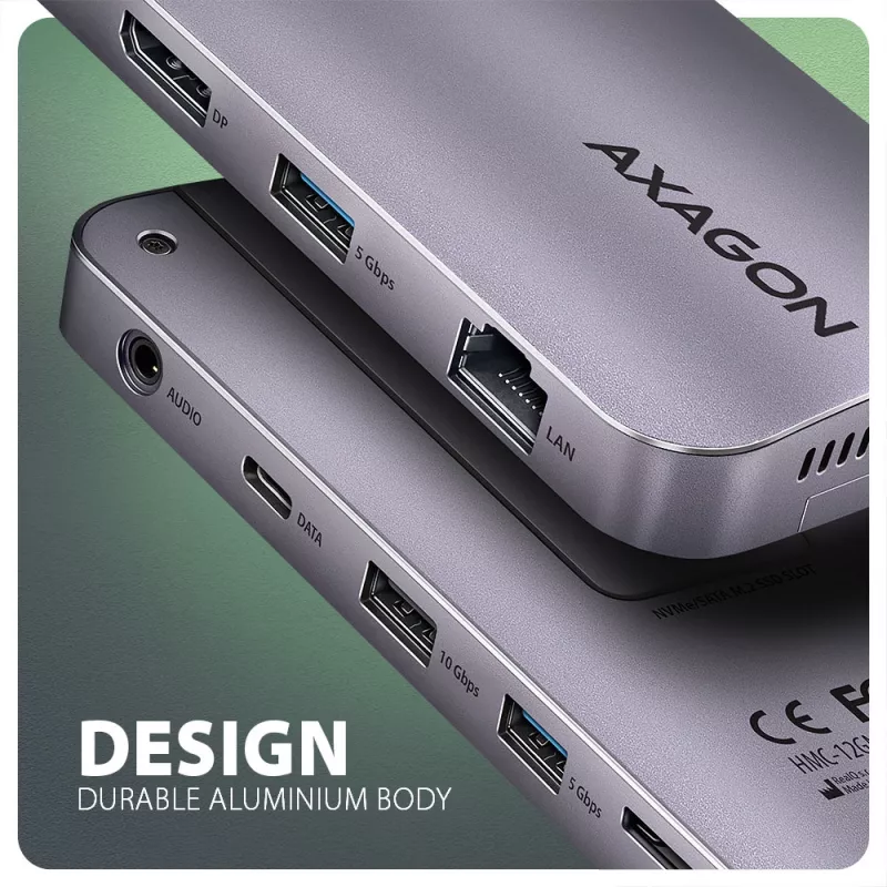 Axagon HMC-12GM2, koncentrator USB 10 Gb/s, 3x USB-A, USB-C, HDMI, DP, RJ-45, M.2, SD/mSD, audio, PD