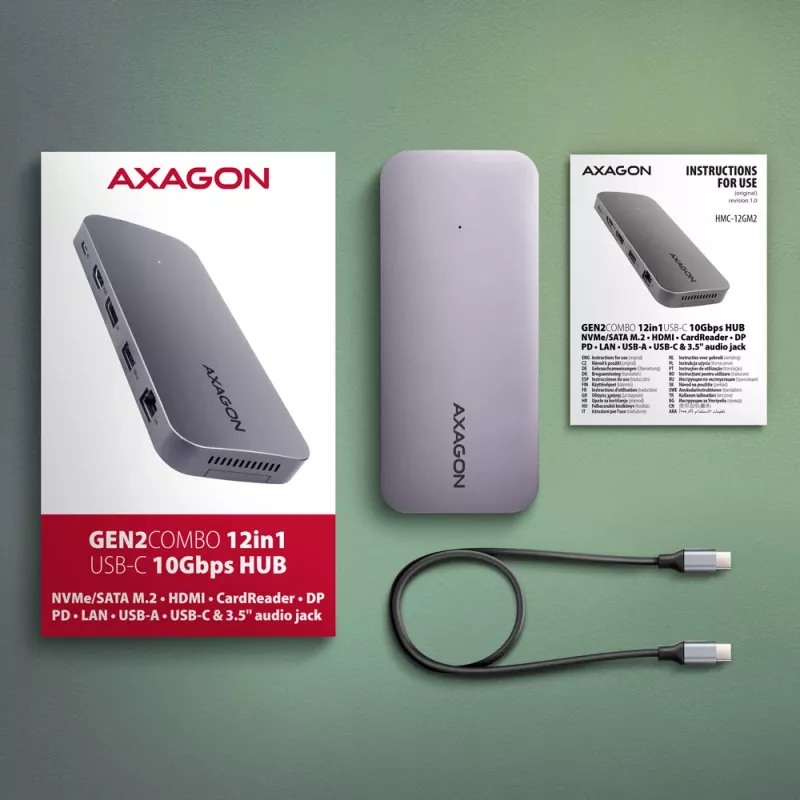 Axagon HMC-12GM2, koncentrator USB 10 Gb/s, 3x USB-A, USB-C, HDMI, DP, RJ-45, M.2, SD/mSD, audio, PD