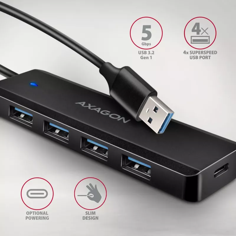 Axagon HUE-C1A 4x USB 5Gbps TRAVEL hub, USB-C power IN, 19cm USB-A cable