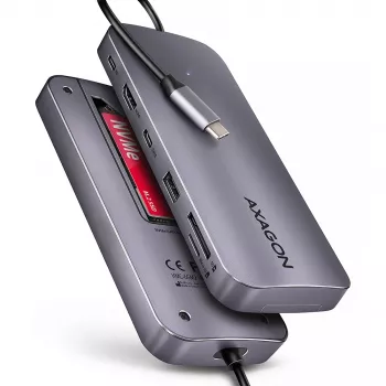 Axagon HMC-6GM2 USB 10Gbps hub USB-A USB-C HDMI M.2 SD/mSD PD 100W USB-C Przewodowy USB 3.2 Gen 2 (3.1 Gen 2) Type-C Szary