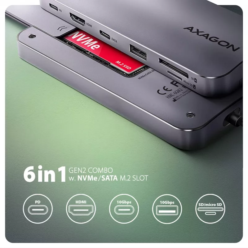 Axagon HMC-6GM2 USB 10Gbps hub USB-A USB-C HDMI M.2 SD/mSD PD 100W USB-C Przewodowy USB 3.2 Gen 2 (3.1 Gen 2) Type-C Szary