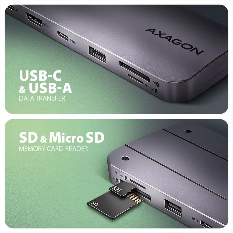 Axagon HMC-6GM2 USB 10Gbps hub USB-A USB-C HDMI M.2 SD/mSD PD 100W USB-C Przewodowy USB 3.2 Gen 2 (3.1 Gen 2) Type-C Szary