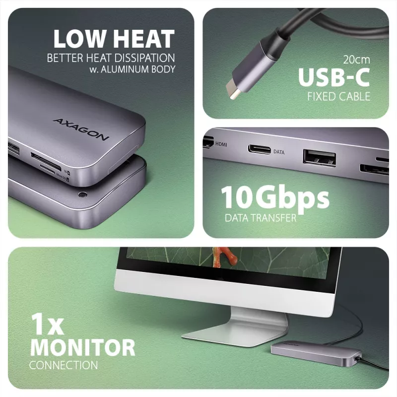 Axagon HMC-6GM2 USB 10Gbps hub USB-A USB-C HDMI M.2 SD/mSD PD 100W USB-C Przewodowy USB 3.2 Gen 2 (3.1 Gen 2) Type-C Szary