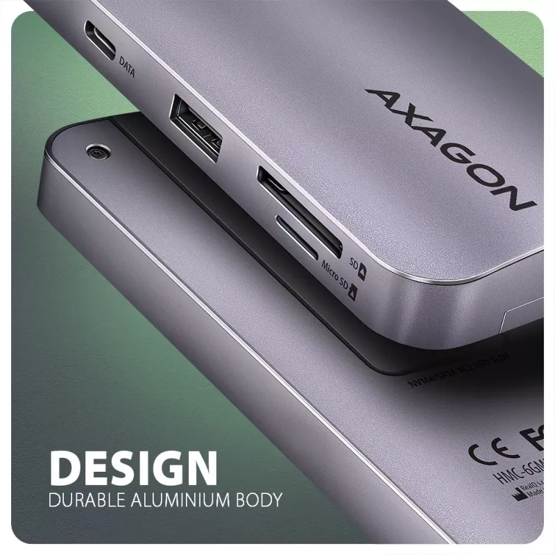 Axagon HMC-6GM2 USB 10Gbps hub USB-A USB-C HDMI M.2 SD/mSD PD 100W USB-C Przewodowy USB 3.2 Gen 2 (3.1 Gen 2) Type-C Szary