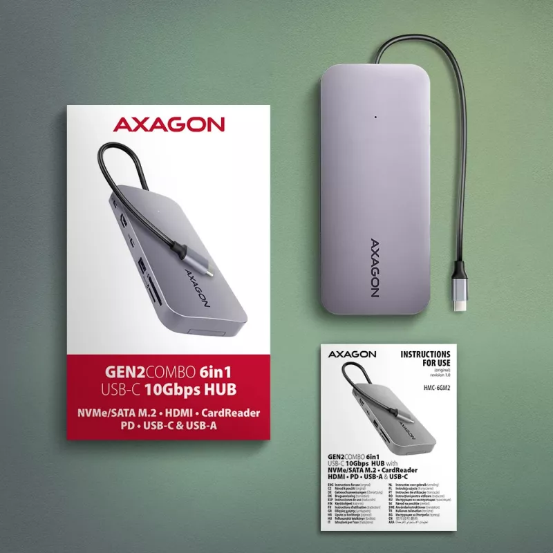 Axagon HMC-6GM2 USB 10Gbps hub USB-A USB-C HDMI M.2 SD/mSD PD 100W USB-C Przewodowy USB 3.2 Gen 2 (3.1 Gen 2) Type-C Szary