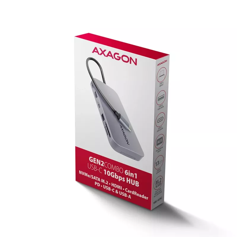 Axagon HMC-6GM2 USB 10Gbps hub USB-A USB-C HDMI M.2 SD/mSD PD 100W USB-C Przewodowy USB 3.2 Gen 2 (3.1 Gen 2) Type-C Szary