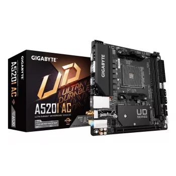 Płyta główna GIGABYTE A520I AC - obsługuje procesory AMD Ryzen 5000 Series AM4, 6-fazowy cyfrowy VRM, do 5300 MHz DDR4 (OC), 1xPCIe 3.0 M.2, WiFi, GbE LAN, USB 3.2 Gen1