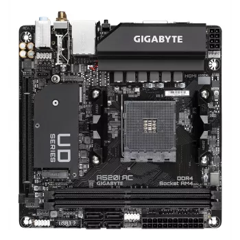 Płyta główna GIGABYTE A520I AC - obsługuje procesory AMD Ryzen 5000 Series AM4, 6-fazowy cyfrowy VRM, do 5300 MHz DDR4 (OC), 1xPCIe 3.0 M.2, WiFi, GbE LAN, USB 3.2 Gen1