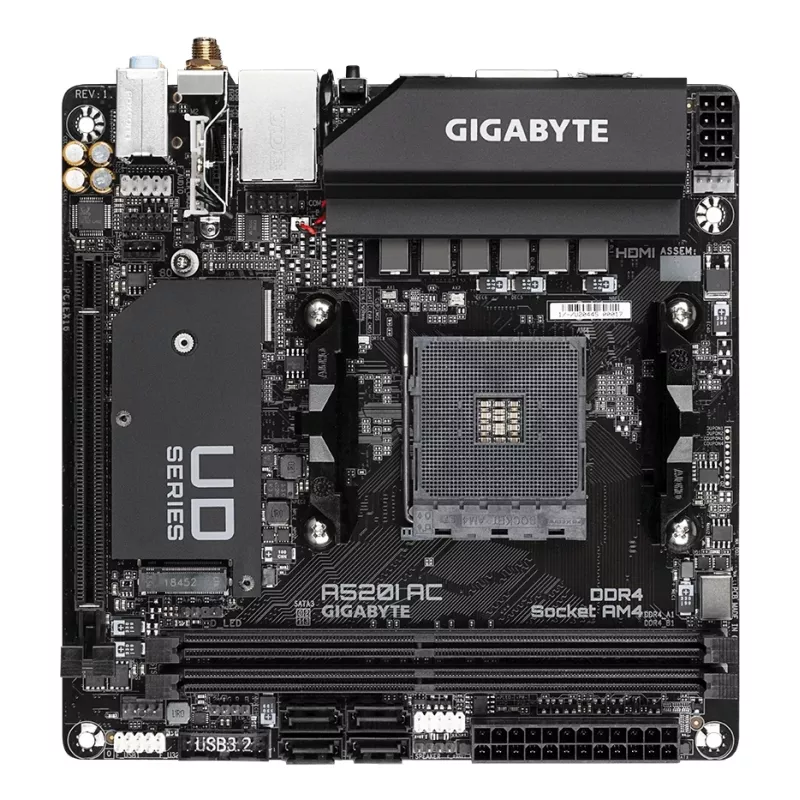 Płyta główna GIGABYTE A520I AC - obsługuje procesory AMD Ryzen 5000 Series AM4, 6-fazowy cyfrowy VRM, do 5300 MHz DDR4 (OC), 1xPCIe 3.0 M.2, WiFi, GbE LAN, USB 3.2 Gen1