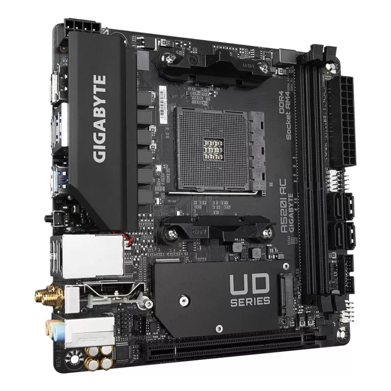 Płyta główna GIGABYTE A520I AC - obsługuje procesory AMD Ryzen 5000 Series AM4, 6-fazowy cyfrowy VRM, do 5300 MHz DDR4 (OC), 1xPCIe 3.0 M.2, WiFi, GbE LAN, USB 3.2 Gen1