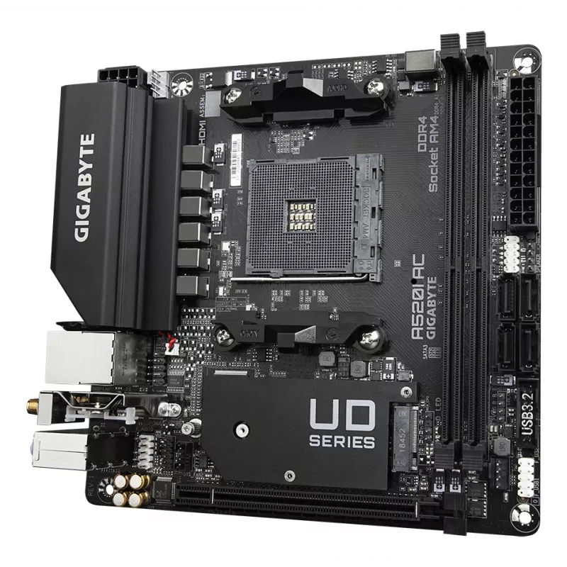 Płyta główna GIGABYTE A520I AC - obsługuje procesory AMD Ryzen 5000 Series AM4, 6-fazowy cyfrowy VRM, do 5300 MHz DDR4 (OC), 1xPCIe 3.0 M.2, WiFi, GbE LAN, USB 3.2 Gen1