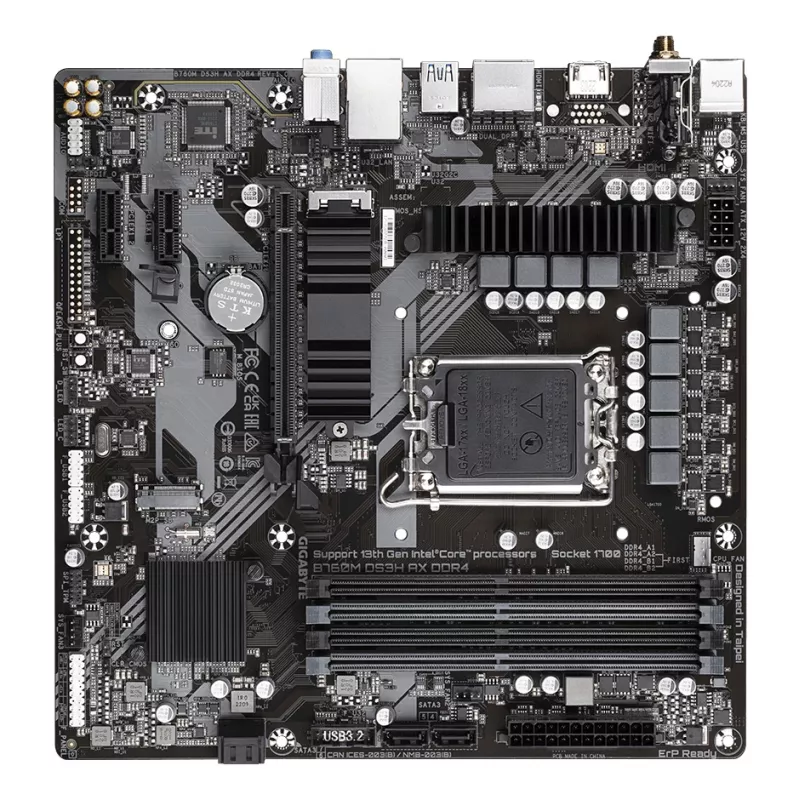Płyta główna GIGABYTE B760M DS3H AX DDR4 - obsługuje procesory Intel Core 14. generacji, 6+2+1 faz cyfrowego VRM, do 5333MHz DDR4 (OC), 2xPCIe 4.0 M.2, Wi-Fi 6E, 2.5GbE LAN, USB 3.2 Gen2