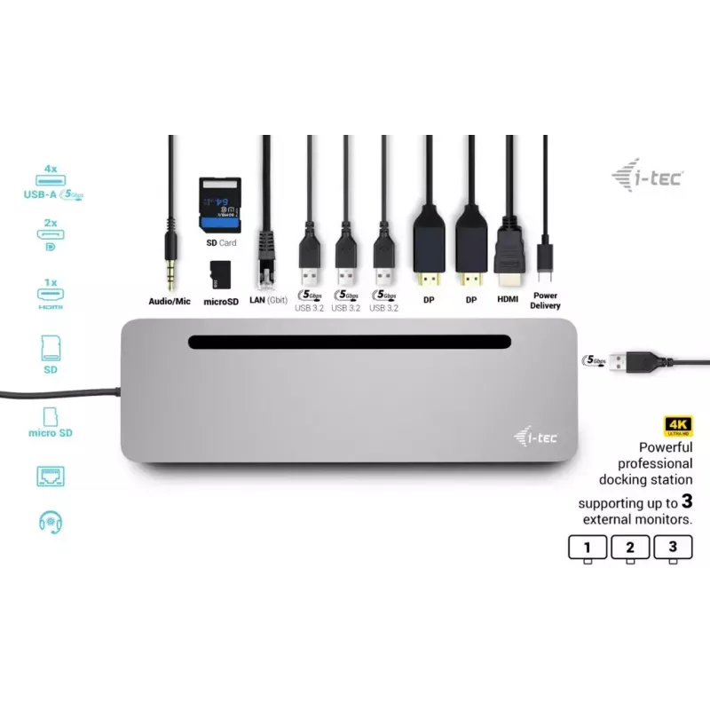 i-tec USB-C Metal Ergonomic 3x 4K Display Docking Station z Power Delivery 100 W + uniwersalna ładowarka 100 W