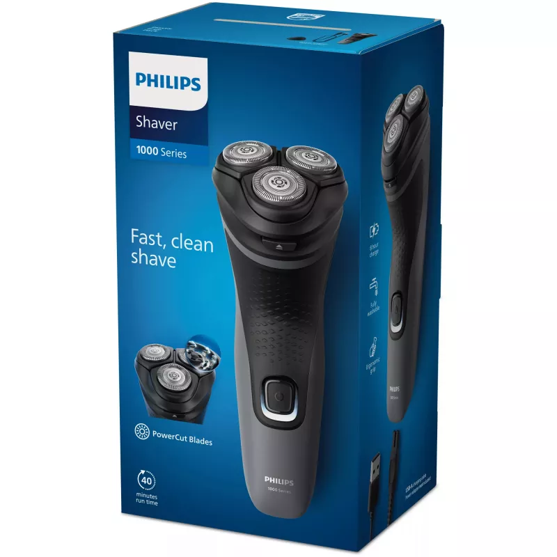 Philips Shaver 1000 Series S1142/00 Elektryczna golarka, golarka rotacyjna, Czarny, Szary, System ostrzy PowerCut, SH30, 2 lata, Bateria