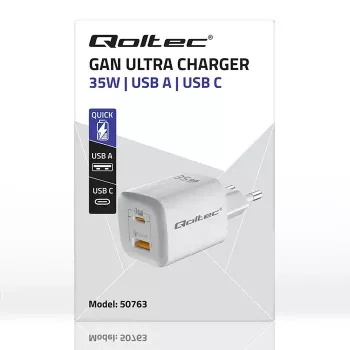 QOLTEC Charger 50763 — Indoor AC Fast Charger 35W, USB-C PD 3.0 + USB-A, 5–20V, biały