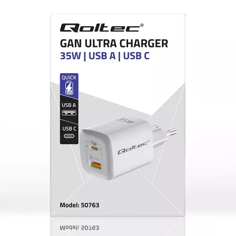 QOLTEC Charger 50763 — Indoor AC Fast Charger 35W, USB-C PD 3.0 + USB-A, 5–20V, biały