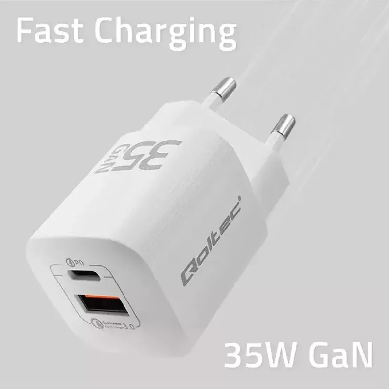 QOLTEC Charger 50763 — Indoor AC Fast Charger 35W, USB-C PD 3.0 + USB-A, 5–20V, biały