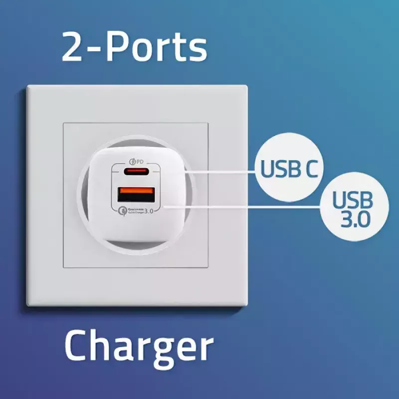 QOLTEC Charger 50763 — Indoor AC Fast Charger 35W, USB-C PD 3.0 + USB-A, 5–20V, biały