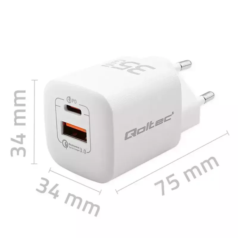 QOLTEC Charger 50763 — Indoor AC Fast Charger 35W, USB-C PD 3.0 + USB-A, 5–20V, biały