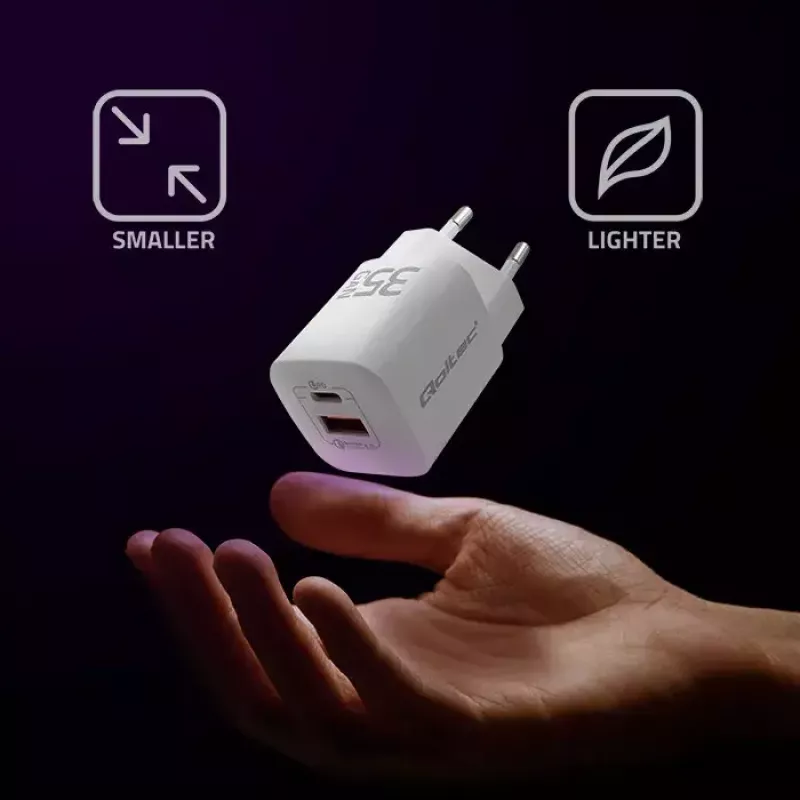 QOLTEC Charger 50763 — Indoor AC Fast Charger 35W, USB-C PD 3.0 + USB-A, 5–20V, biały