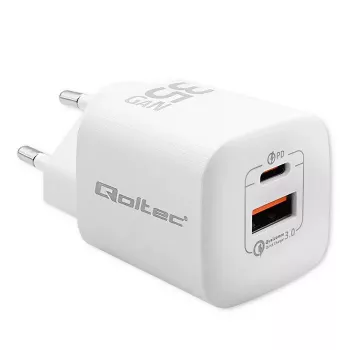QOLTEC Charger 50763 — Indoor AC Fast Charger 35W, USB-C PD 3.0 + USB-A, 5–20V, biały