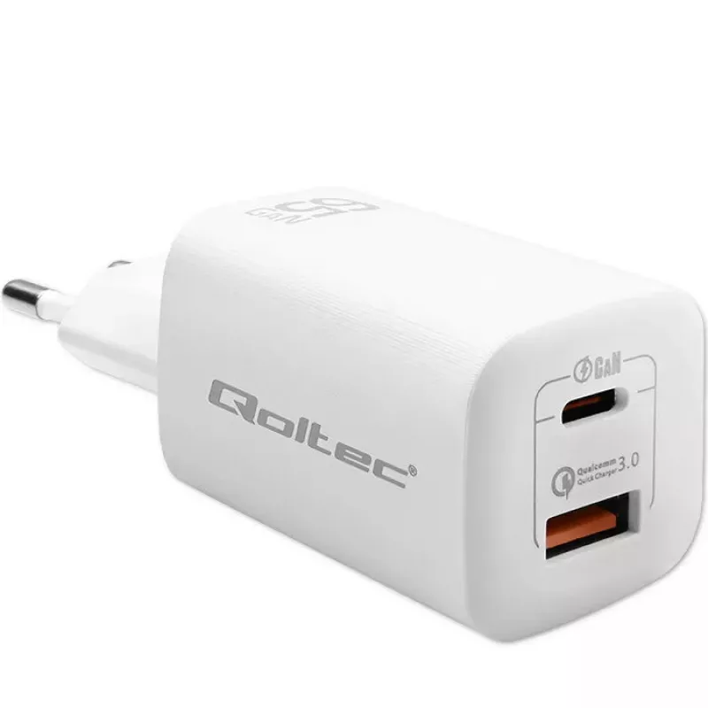 Wewnętrzna szybka ładowarka AC QOLTEC 50765 — 65W USB-C PD 3.0 + USB-A, 5–20V, Type-C Europlug, 2 urządzenia