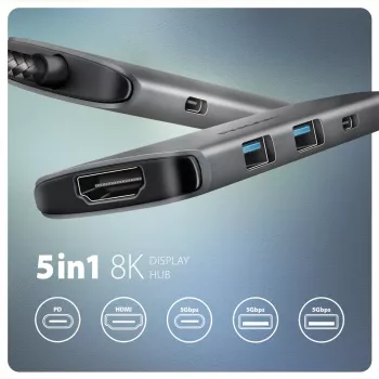 Axagon HMC-5H8K koncentratore USB 5Gbps 2x USB-A USB-C HDMI 8k/30Hz PD 100W kabel USB-C Przewodowy USB 3.2 Gen 1 (3.1 Gen 1) Type-C Szary