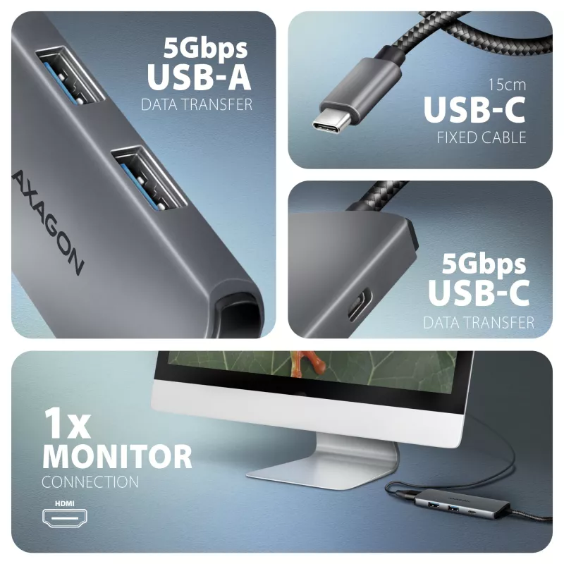 Axagon HMC-5H8K koncentratore USB 5Gbps 2x USB-A USB-C HDMI 8k/30Hz PD 100W kabel USB-C Przewodowy USB 3.2 Gen 1 (3.1 Gen 1) Type-C Szary