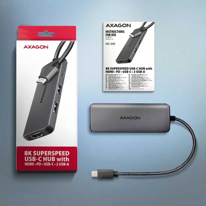 Axagon HMC-5H8K koncentratore USB 5Gbps 2x USB-A USB-C HDMI 8k/30Hz PD 100W kabel USB-C Przewodowy USB 3.2 Gen 1 (3.1 Gen 1) Type-C Szary