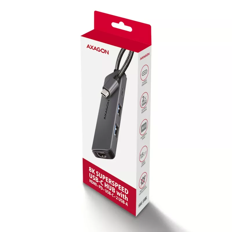Axagon HMC-5H8K koncentratore USB 5Gbps 2x USB-A USB-C HDMI 8k/30Hz PD 100W kabel USB-C Przewodowy USB 3.2 Gen 1 (3.1 Gen 1) Type-C Szary