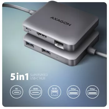 Axagon HMC-5HL hub USB 5 Gb/s, 2x USB-A, HDMI 4k/60 Hz, RJ-45, PD 100 W, kabel USB-C 20 cm