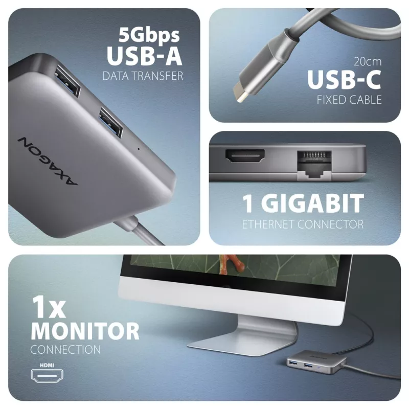 Axagon HMC-5HL hub USB 5 Gb/s, 2x USB-A, HDMI 4k/60 Hz, RJ-45, PD 100 W, kabel USB-C 20 cm