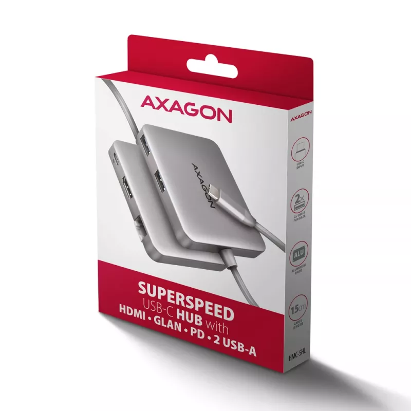 Axagon HMC-5HL hub USB 5 Gb/s, 2x USB-A, HDMI 4k/60 Hz, RJ-45, PD 100 W, kabel USB-C 20 cm