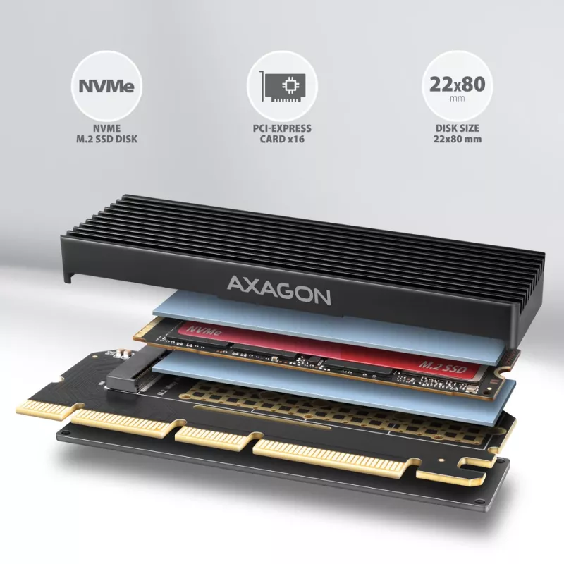 Axagon PCEM2-XS PCIe x16 - adapter M.2 NVMe M-key z pasywnym aluminiowym radiatorem