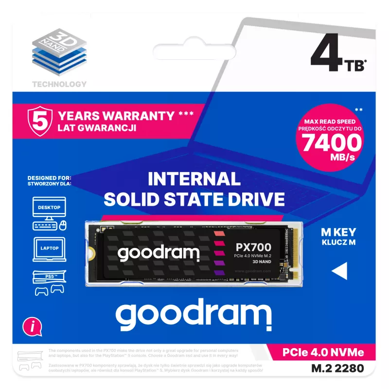 Goodram PX700 SSD SSDPR-PX700-04T-80 wewnętrzny dysk SSD 4 TB M.2 PCI Express 4.0 NVMe 3D NAND
