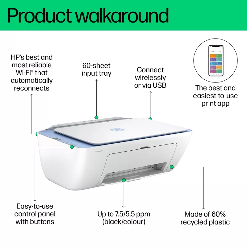 HP DeskJet 2822e Bezprzewodowa kolorowa drukarka wielofunkcyjna, Instant Ink; Kopiarka, Skaner