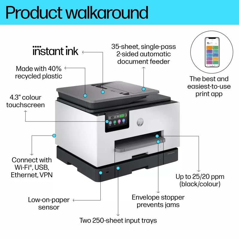 HP OfficeJet Pro 9132e Bezprzewodowa kolorowa drukarka wielofunkcyjna, Instant Ink; Druk dwustronny