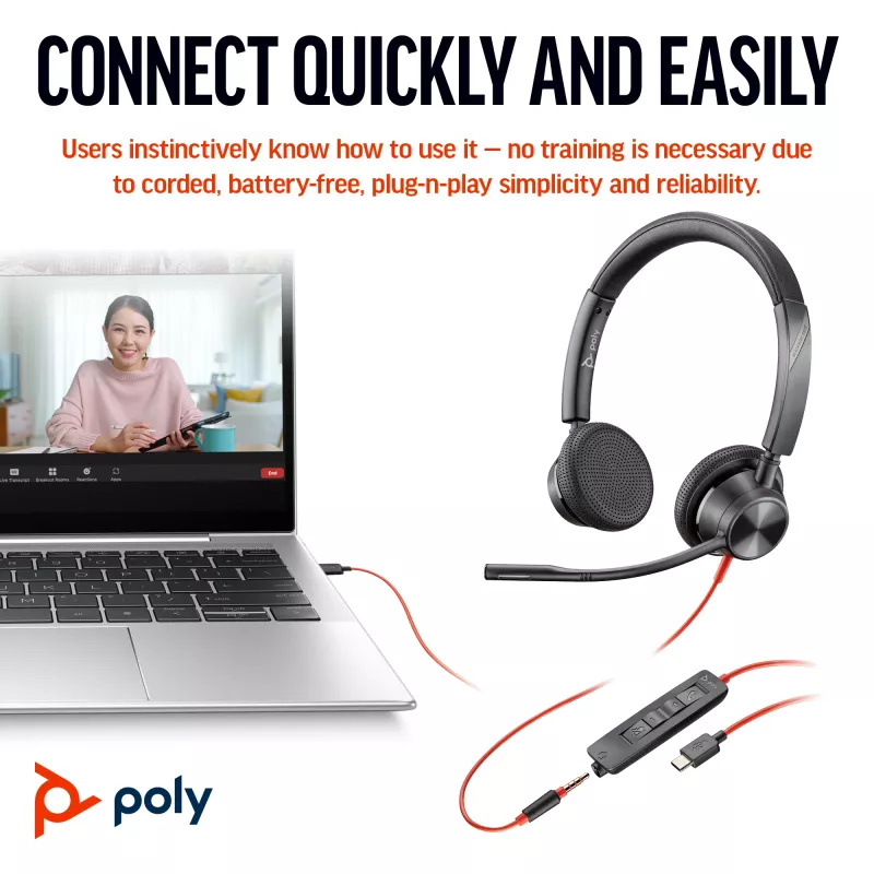 HP Poly Czarnywire 3325 Stereo Microsoft Teams Certified USB-C Headset +3.5mm Plug +USB-C/A Adapter