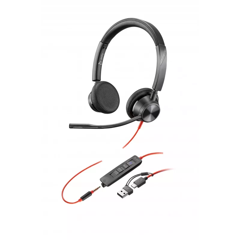 HP Poly Czarnywire 3325 Stereo Microsoft Teams Certified USB-C Headset +3.5mm Plug +USB-C/A Adapter