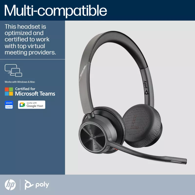HP Poly Voyager 4320 Zestaw słuchawkowy z certyfikatem Microsoft Teams + klucz sprzętowy BT700 + podstawka ładująca
